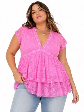 Lace Trim Babydoll Tunic Top Large
Pink Y2K Coquette Floral Tiered USA Fairycore